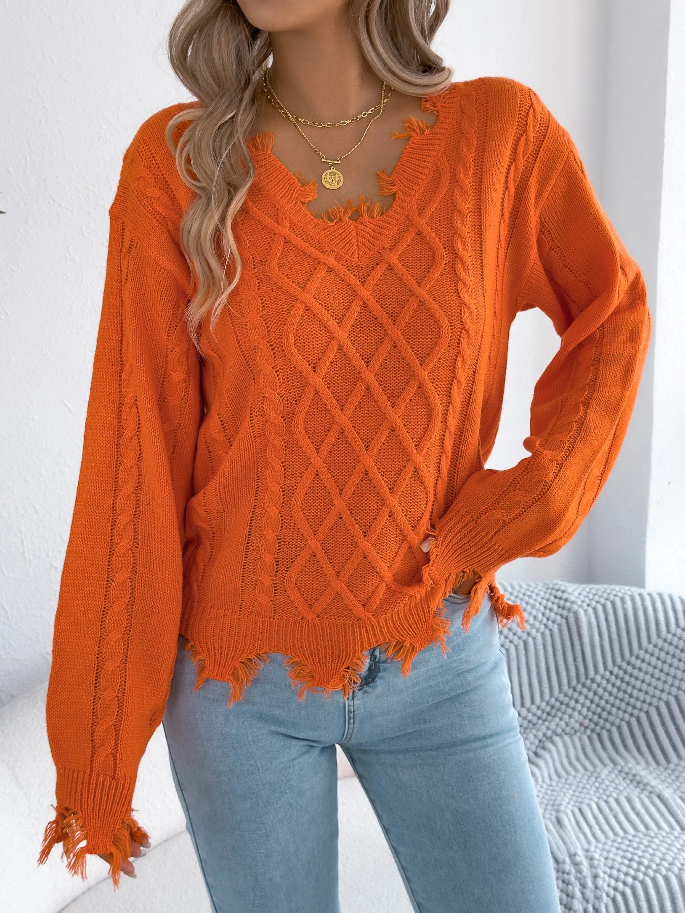 Women's V Neck Ripped Tassel Sweaters 2025 Autumn Winter Casual Solid Color Lantern Long Sleeve Twist Knitted Tops Orange Red