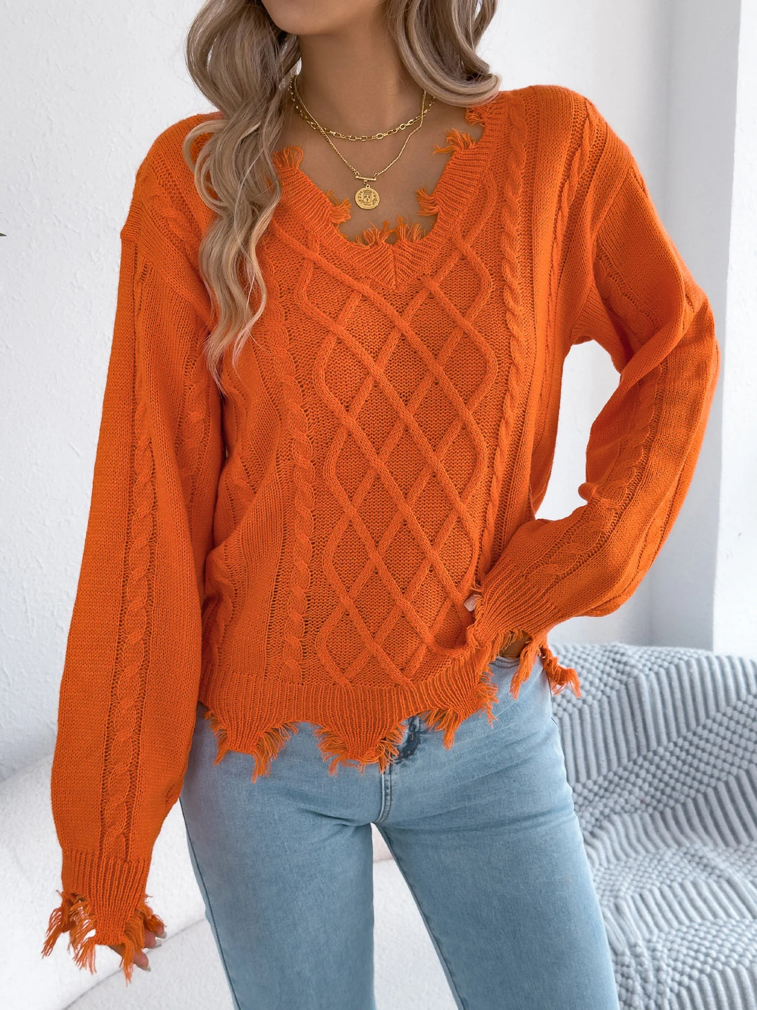Women's V Neck Ripped Tassel Sweaters 2025 Autumn Winter Casual Solid Color Lantern Long Sleeve Twist Knitted Tops Orange Red