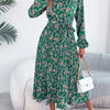 Floral Stand Up Collar Bridesmaid Dress Spring Summer Casual Elegant Long Sleeve Waist Cinched Pleated Long Dresses for Women