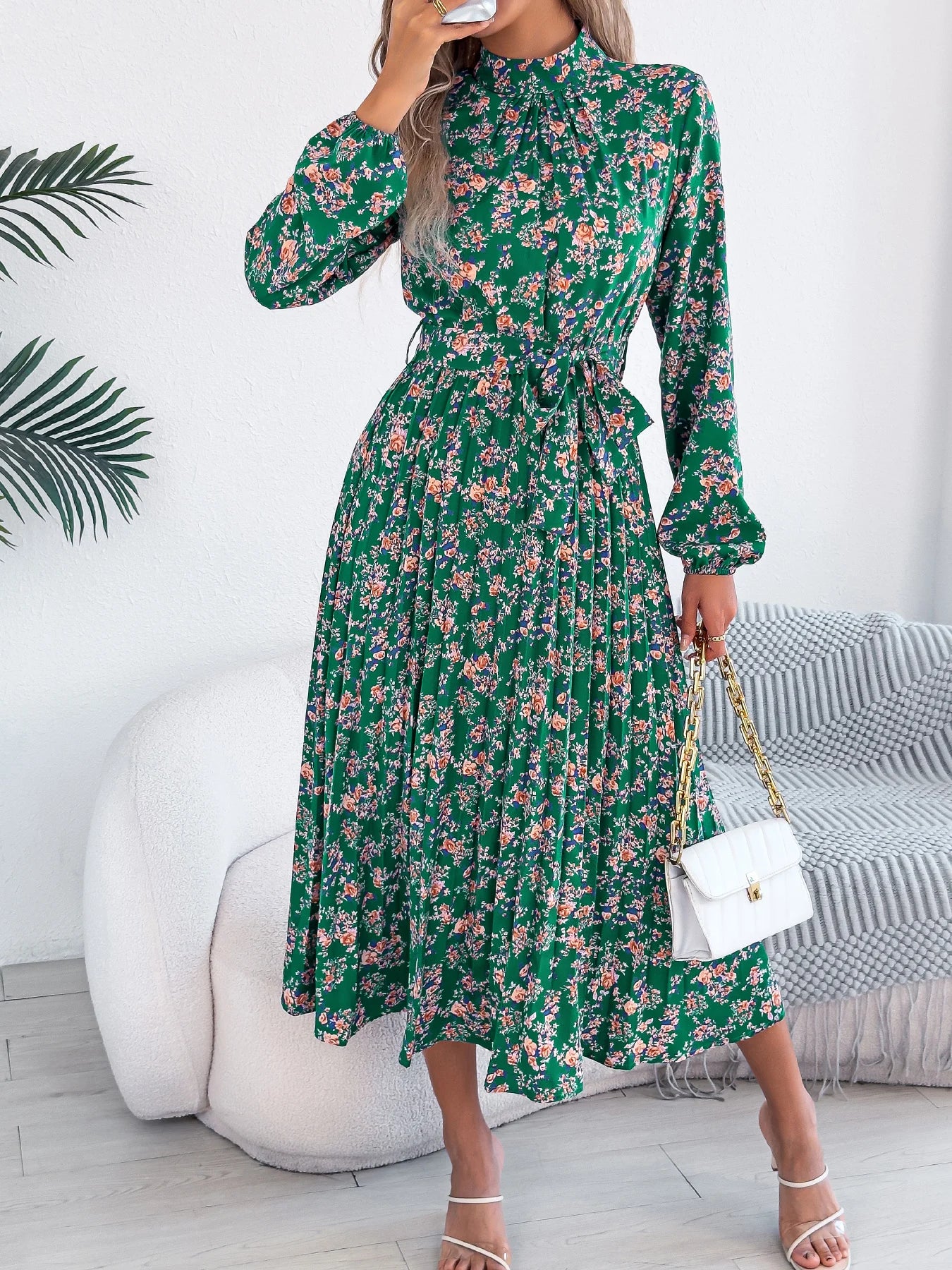 Floral Stand Up Collar Bridesmaid Dress Spring Summer Casual Elegant Long Sleeve Waist Cinched Pleated Long Dresses for Women