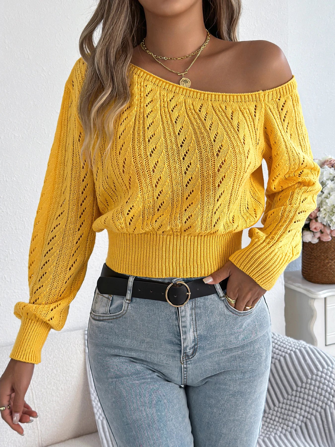 Autumn and Winter Casual Elegant Slash Neck Off shoulder Long Sleeved Knitted Pullover Sweater for Women