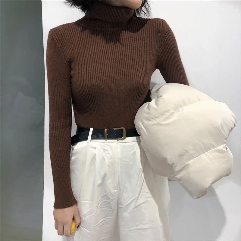 Thick Sweater Women Knitted Ribbed Pullover Sweater Long Sleeve Turtleneck Slim Jumper Soft Warm