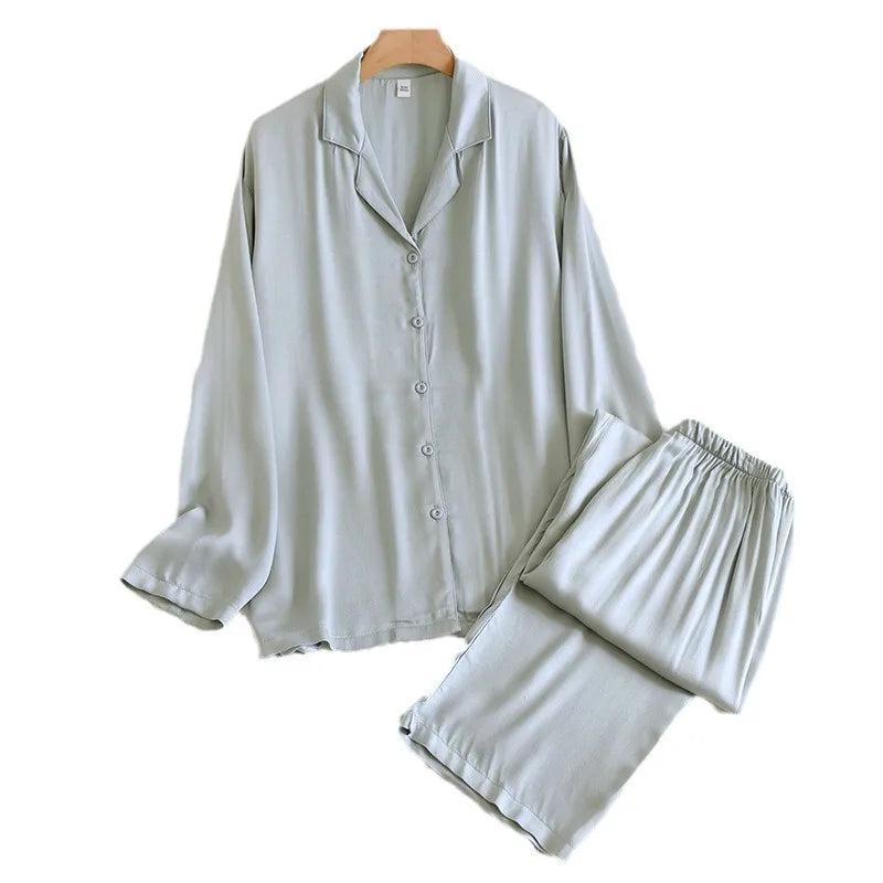 Men and Women's Cotton Silk Pajamas, Thin Satin Home Clothing, Long Sleeved Pants, Spring Pajama Sets, Pure Color, Couple, 2 Pcs