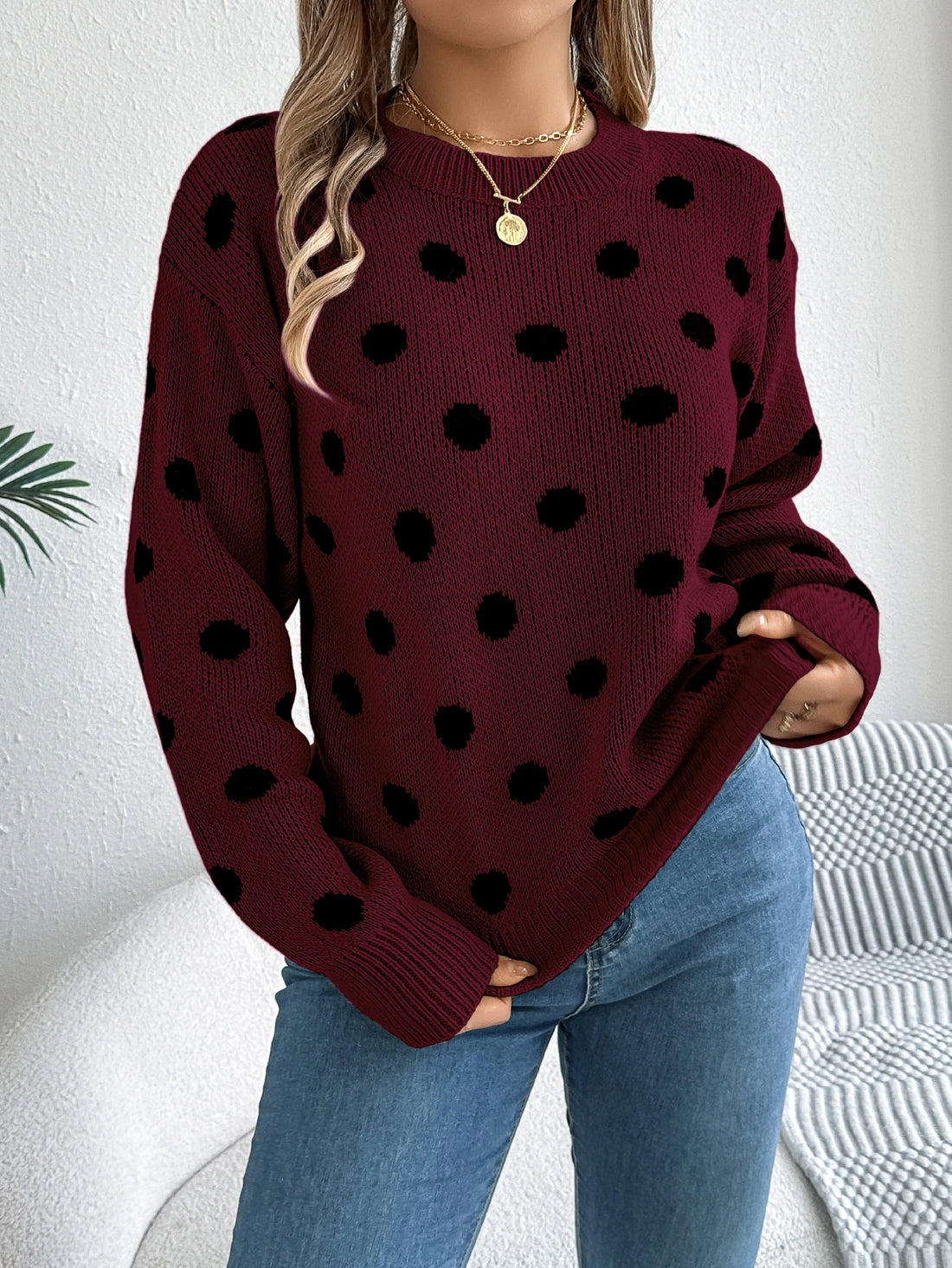 Autumn Winter Fashion Polka Dot Pattern Knitted Sweaters Women Casual Round Neck Lantern Long Sleeve Pullover