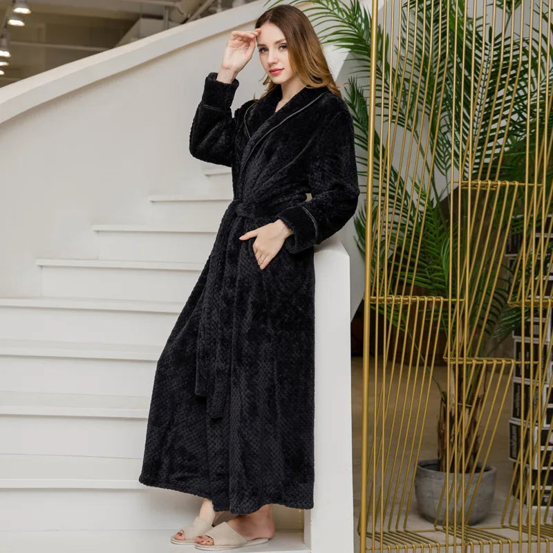 Large Size Flannel Long Robe Autumn Winter Thickened Couple Sleepwear Kimono Bathrobe Gown Nightgown Loose Coral Fleece Homewear
