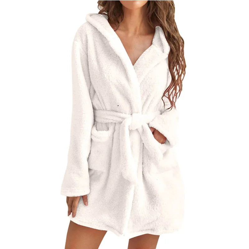 Winter Women Bath Robe Fluffy Plush Pyjamas Ladies Sexy Hooded Dressing Solid Color Gown Warm Bathrobe Female loungewear