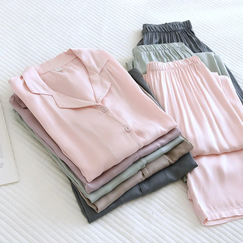 Men and Women's Cotton Silk Pajamas, Thin Satin Home Clothing, Long Sleeved Pants, Spring Pajama Sets, Pure Color, Couple, 2 Pcs