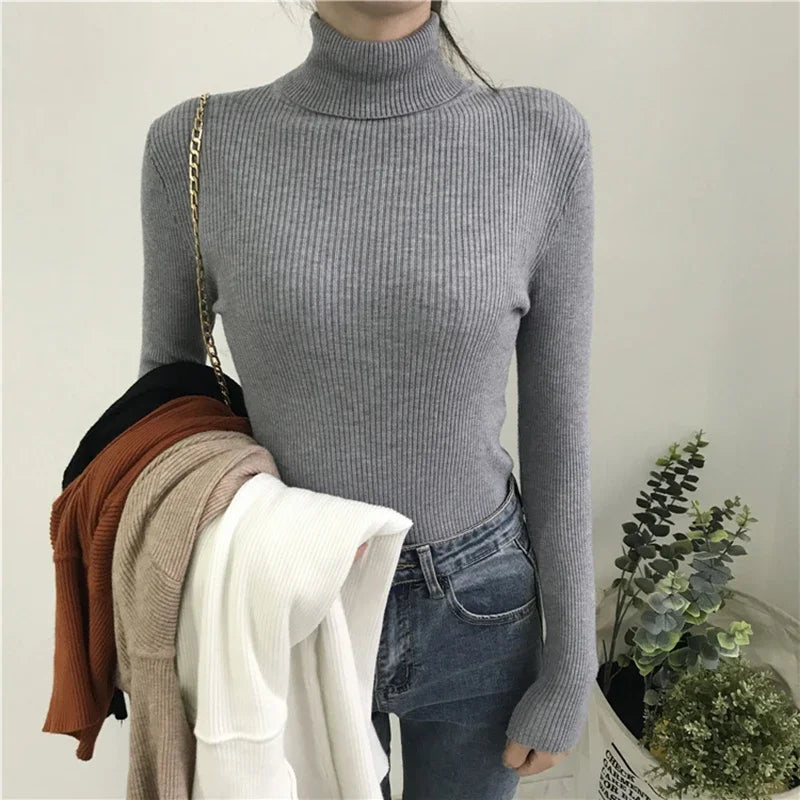Thick Sweater Women Knitted Ribbed Pullover Sweater Long Sleeve Turtleneck Slim Jumper Soft Warm