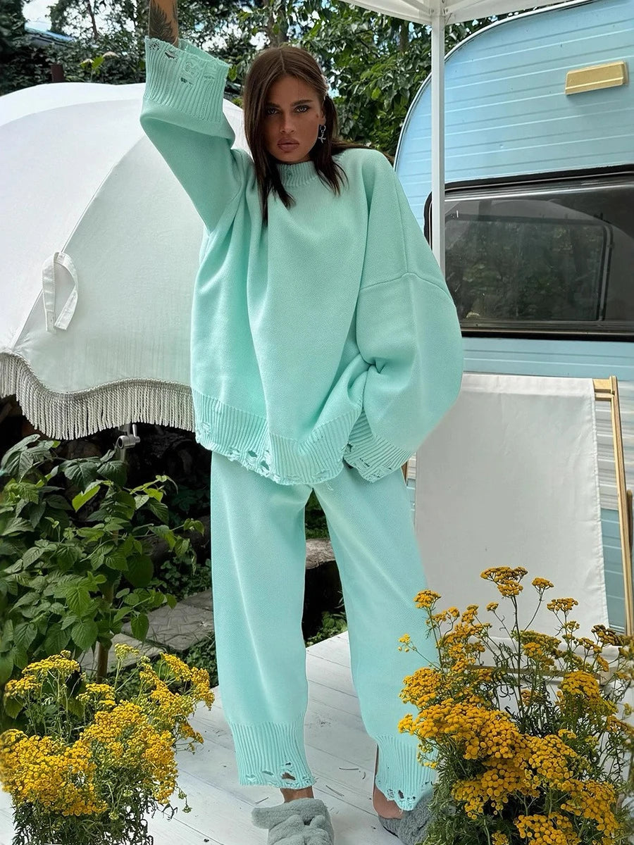 Bornladies Autumn Winter Women's New Turtleneck Knit Sweater Skinny Knit Pants Set Soft Oversized Ripped Hem Fashion Pullover