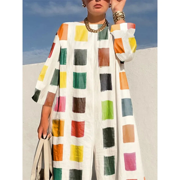 Tinaa Contrast Color Plaid Plus Size Jumpsuits Vacation Cotton Linen Wide Leg Three-Quarter Sleeves Women Clothing 184583