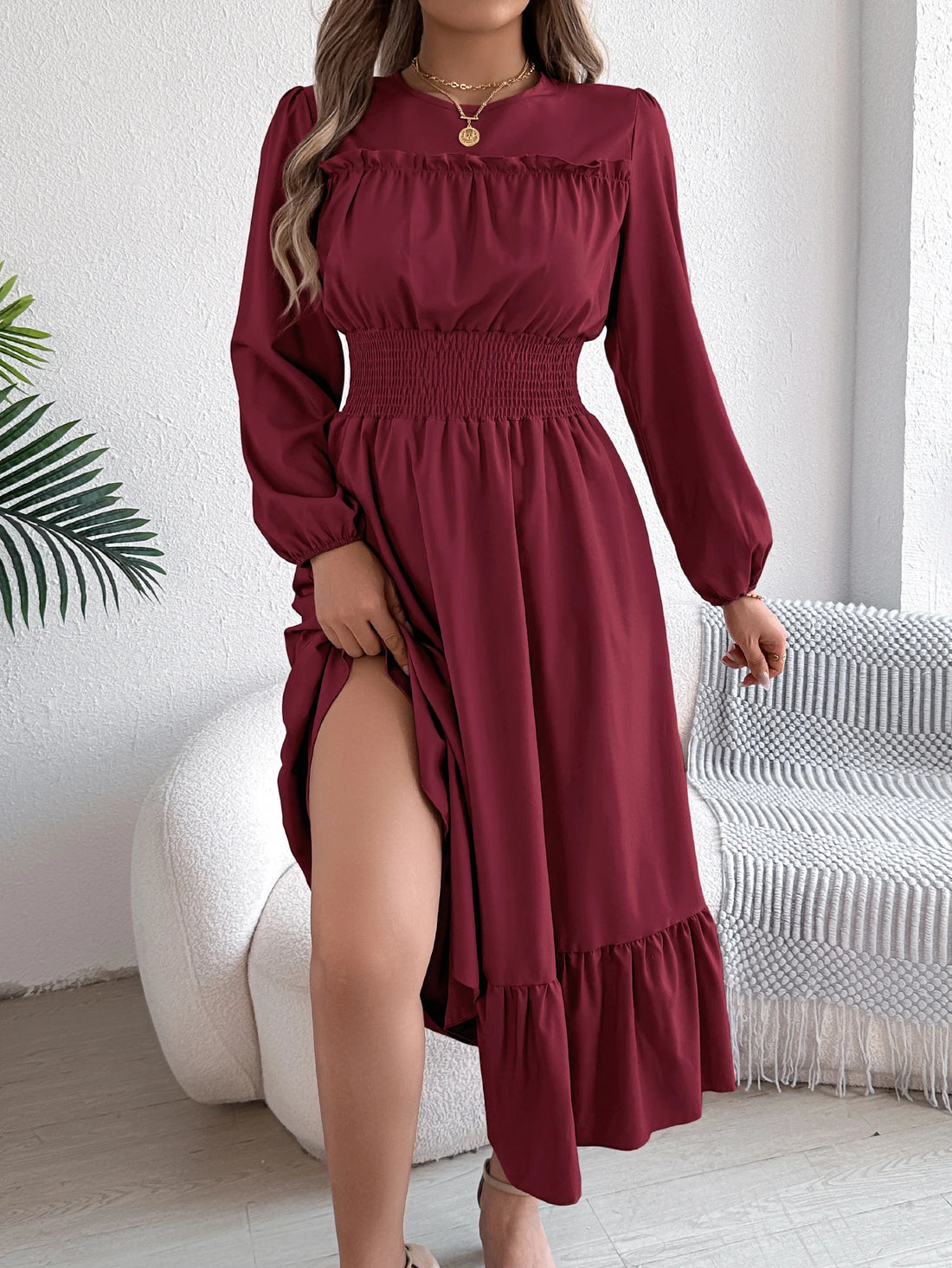 Autumn and Winter Casual Elegant Solid Color Round Neck Long Sleeved Waist Cinched Lotus Leaf Edge Dress Women Clothing