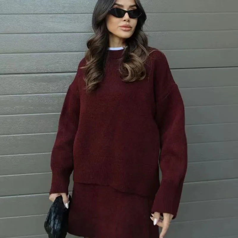 Winter Autumn Chic Knitted Two Piece Set Women Fashion Preppy Style O Neck Loose Sweater A Line Mini Skirt Sets Female Outfits