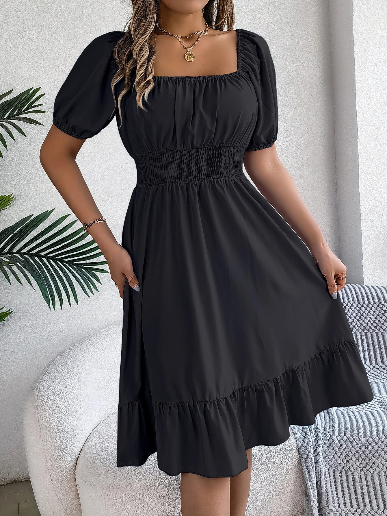 Spring and Summer Elegant High Waisted Dress Square Neck Short Sleeved Ruffled Edge Long Dresses for Women