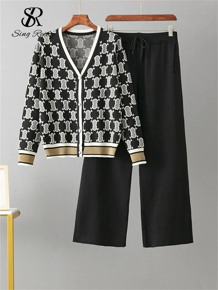 SINGREINY Autumn Two Piece Suits Women V Neck Basics Print Top+Elastic Long Pants Harajuku Casual Knit Sweater Warm Sets