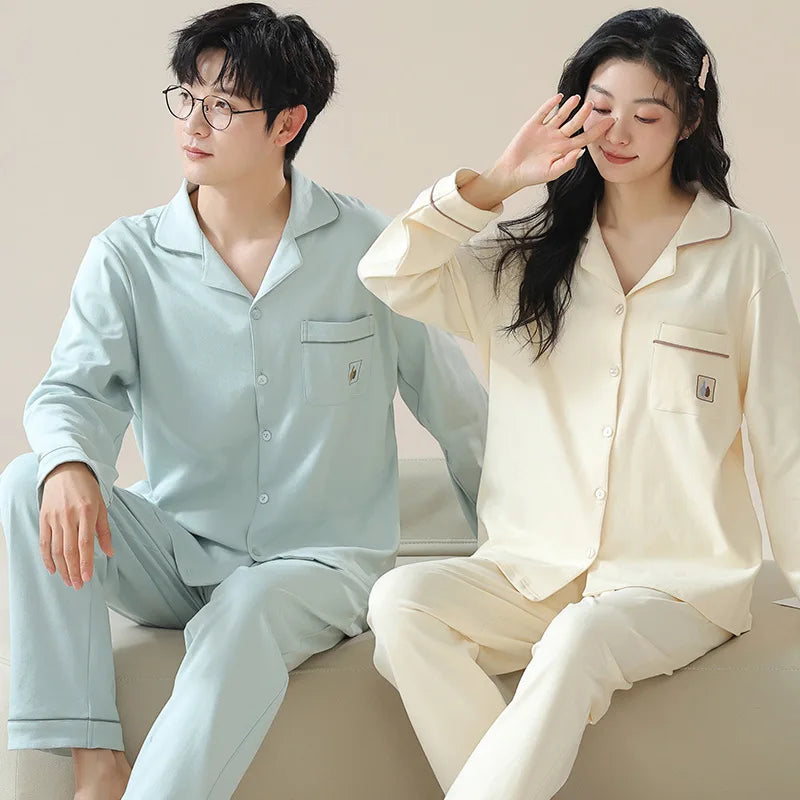 Cotton Couple Pajamas Women Autumn Long sleeve Trouser 2024 New Cardigan Home Wear Men's Suit Outer Wear pijma hombre Dropship