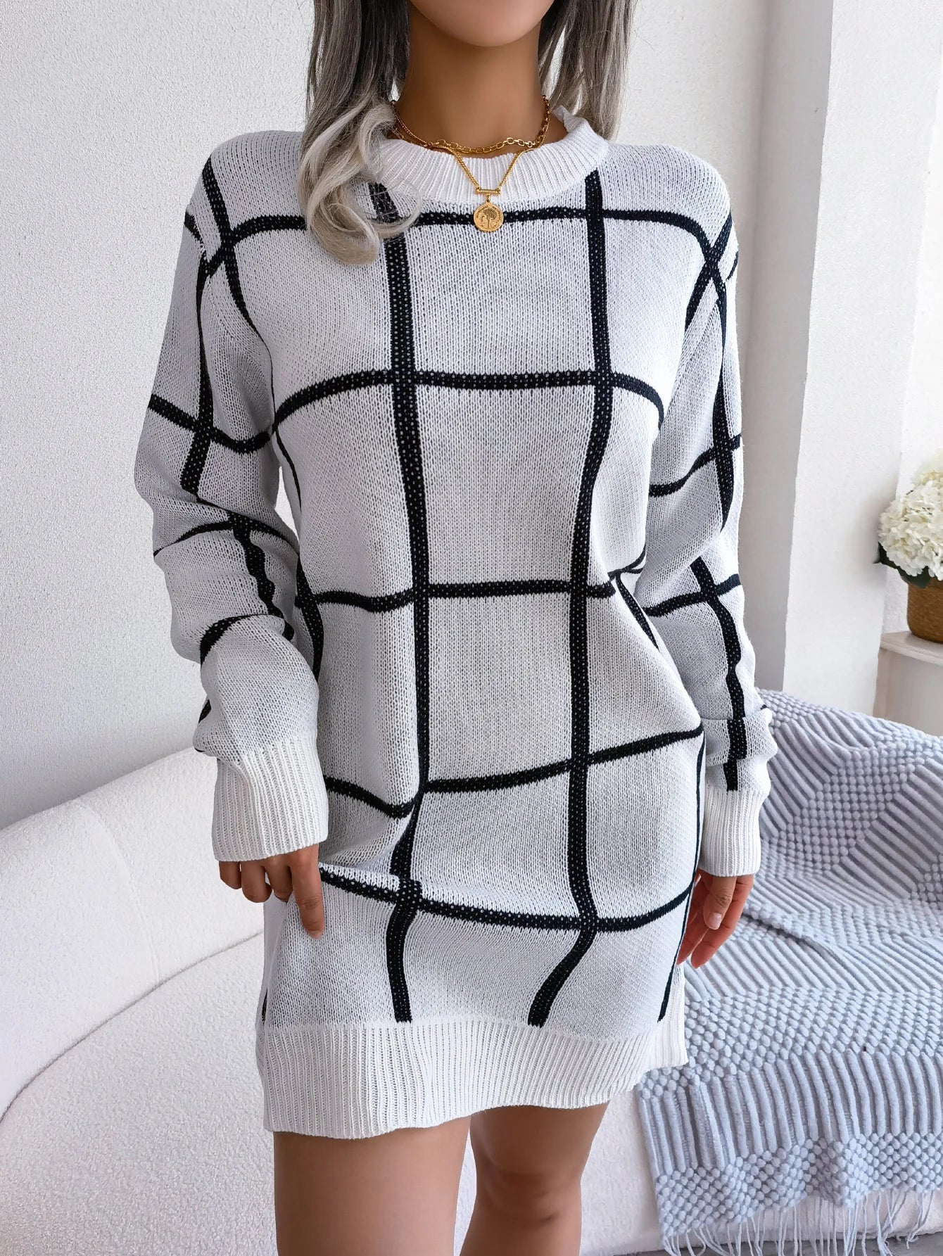 Women Casual Plaid Long Sleeve Knitted Sweater Dress Autumn Winter Clothes Without The Belt