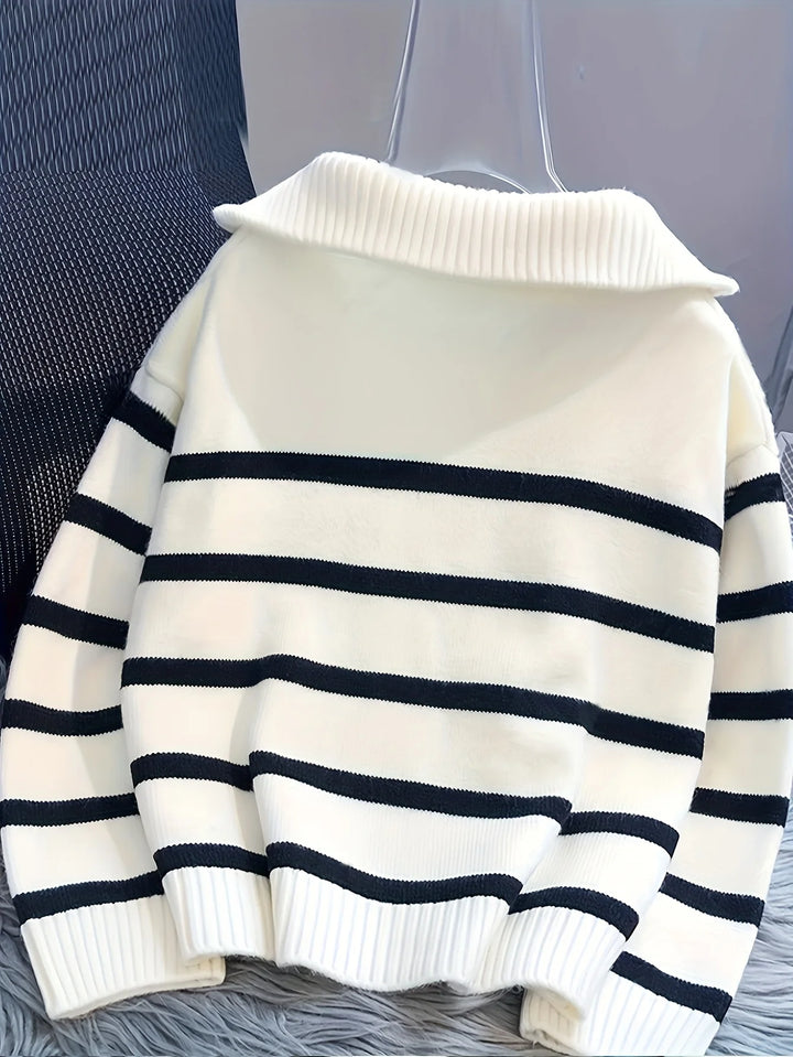 Autumn and Winter New Fashion Woman Sweater Thickened Zipper Striped Undershirt Short Pullover Top Women's Clothing