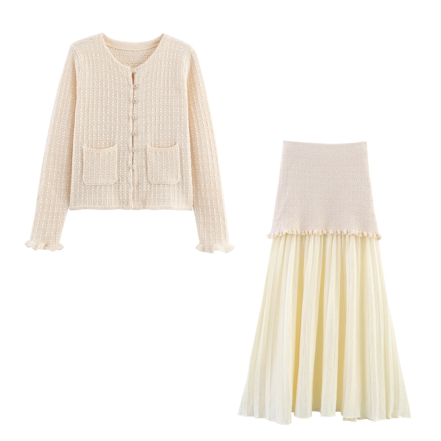 DEEABAE Autumn And Winter New Round Neck Buckle Decoration Gentle and Versatile Short Sleeve Knitted Cardigan Half Skirt Set