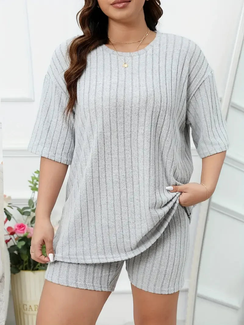 Plus Size Women's Lounge Set Top and Shorts Sets Ladies Solid Ribbed Short Sleeve Round Neck Top & Shorts Pajamas 2 Piece Set