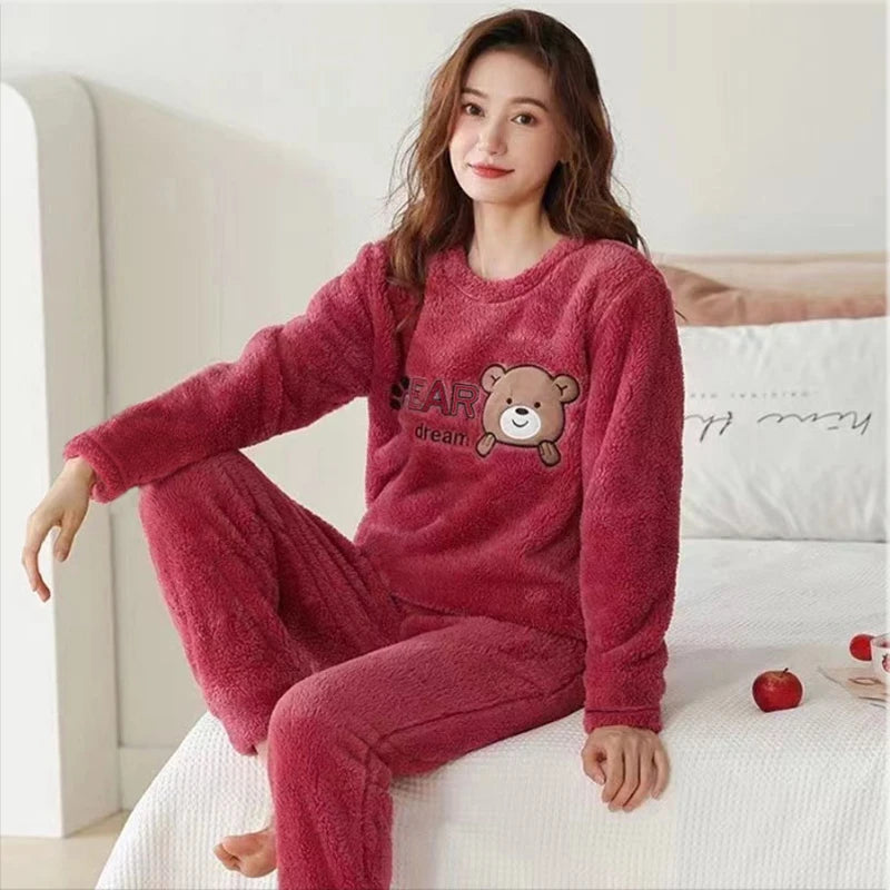 Thickened Warm Winter Flannel Ladies Pajamas Top and Pants Padded Nightwear Homewear Cartoon Bear Women's Sleepwear Loungewear