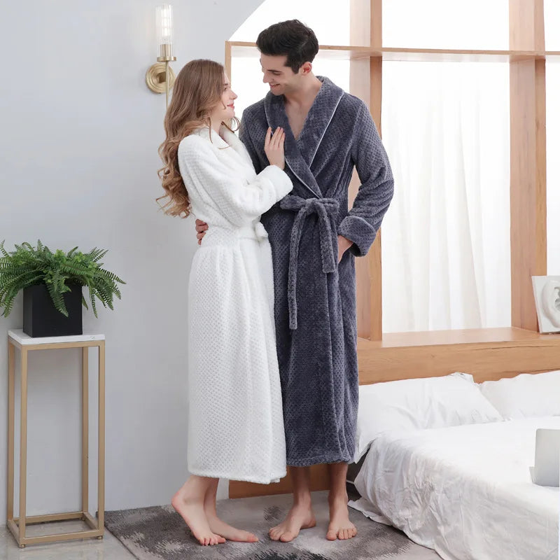 Large Size Flannel Long Robe Autumn Winter Thickened Couple Sleepwear Kimono Bathrobe Gown Nightgown Loose Coral Fleece Homewear