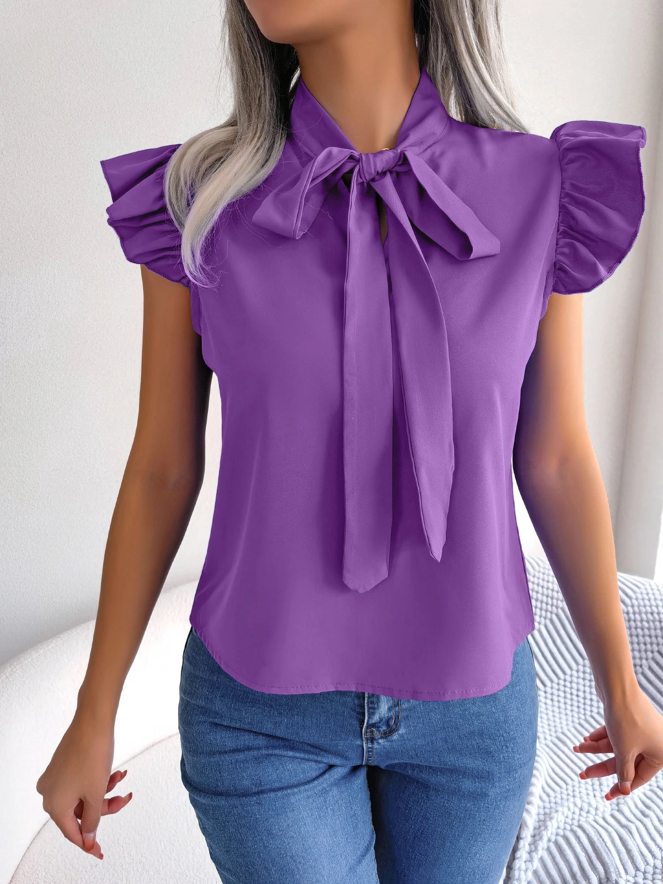 Women Summer Casual Bow Ruffle Short Sleeve Chiffon Blouse
