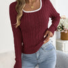 Women‘s Square Neck Twist Knitted Tops 2025 Autumn Winter Casual Long Sleeve Contrast Color Striped Sweater Khaki Red White