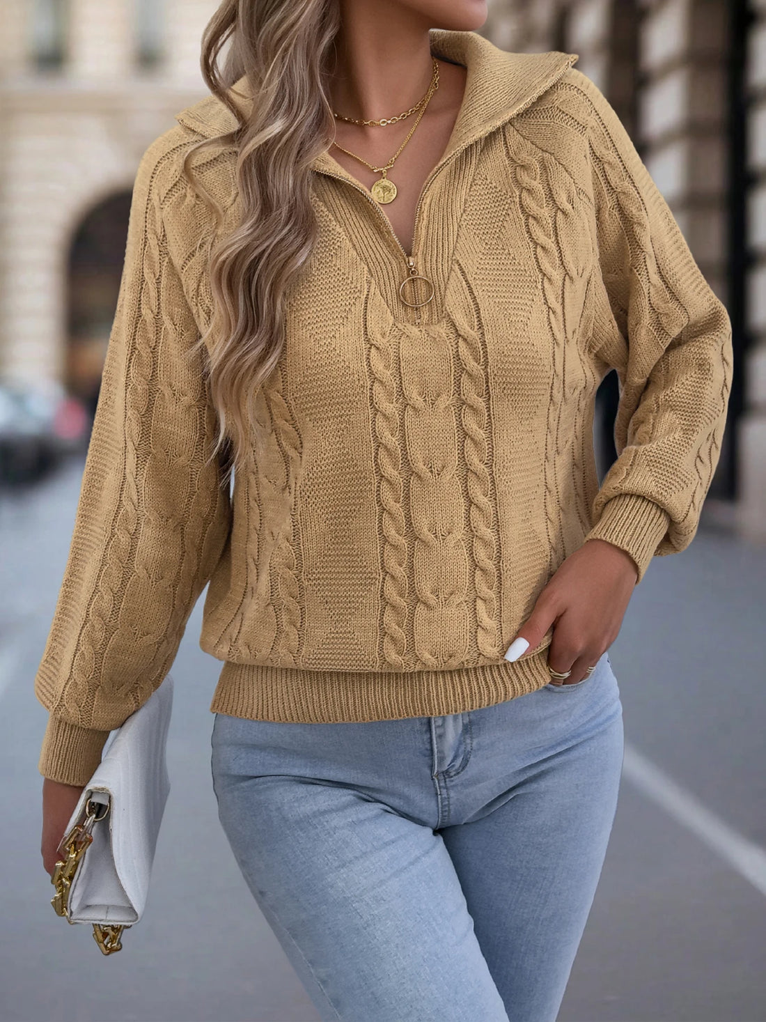 Women's Casual Turn Down Collar Half Zipper Sweaters Autumn Winter Lantern Long Sleeve Twist Knitted Tops Orange Khaki Red