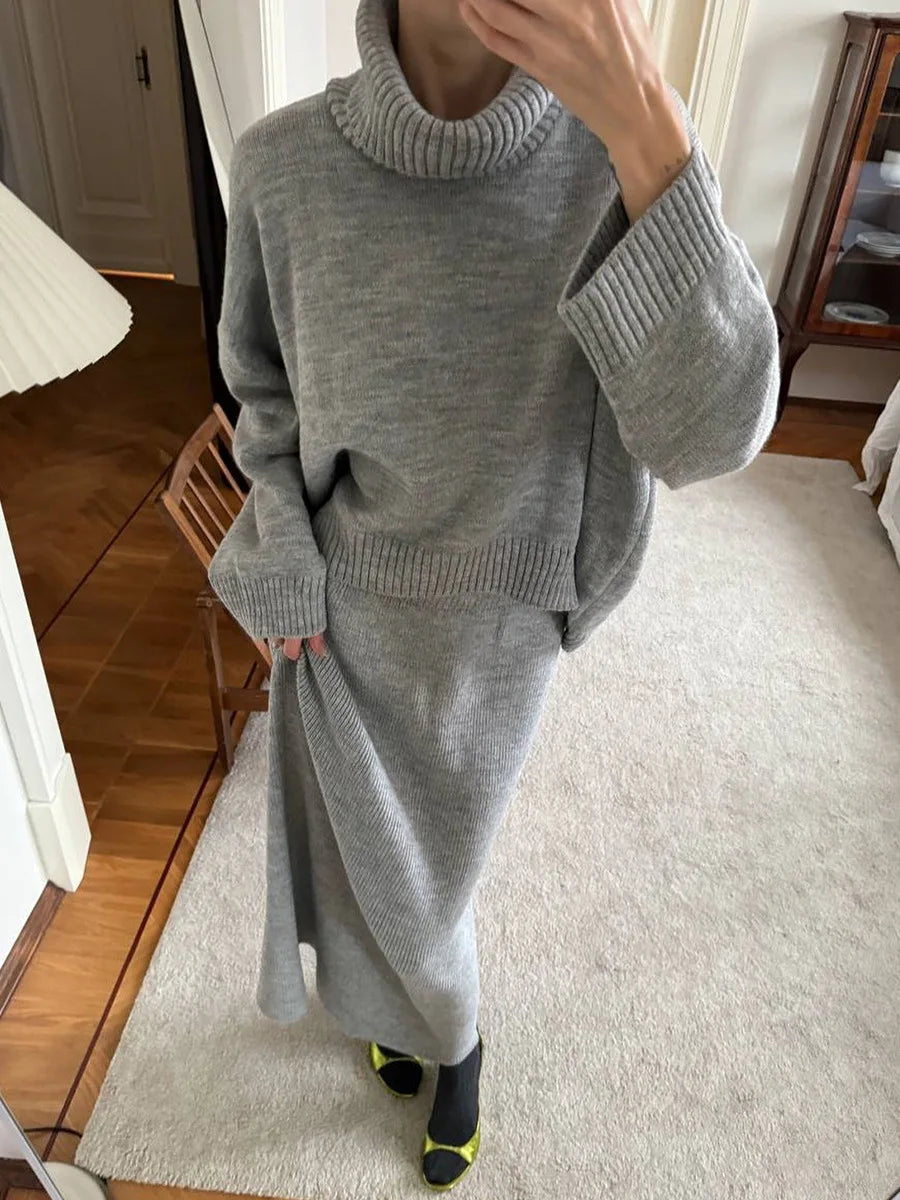 Wolfeel Women's Knitted Turtleneck Sweater Skirt 2- Piece Set  Autumn Winter Loose Solid Color Knit Outfit Casual Warm Suit
