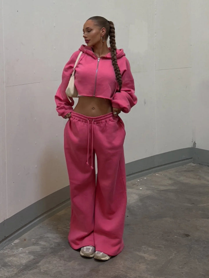 Women Hooded Zip-up Cropped Sweatshirt and Long Pants 2 Piece Sets Autumn Casual Hoodies Sweatpants Suit Tracksuits