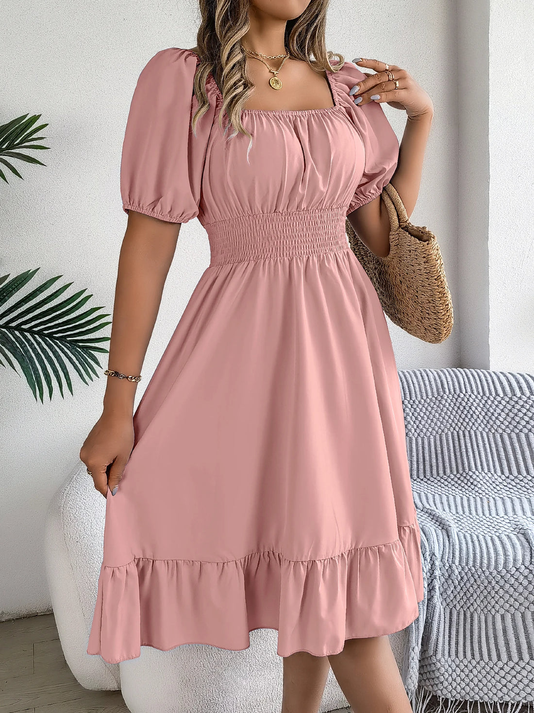 Spring and Summer Elegant High Waisted Dress Square Neck Short Sleeved Ruffled Edge Long Dresses for Women
