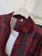 New Red Black Checkered Long Sleeve Sunscreen Shirt for Women's Spring and Autumn, Loose and Lightweight Shirt Top Outer