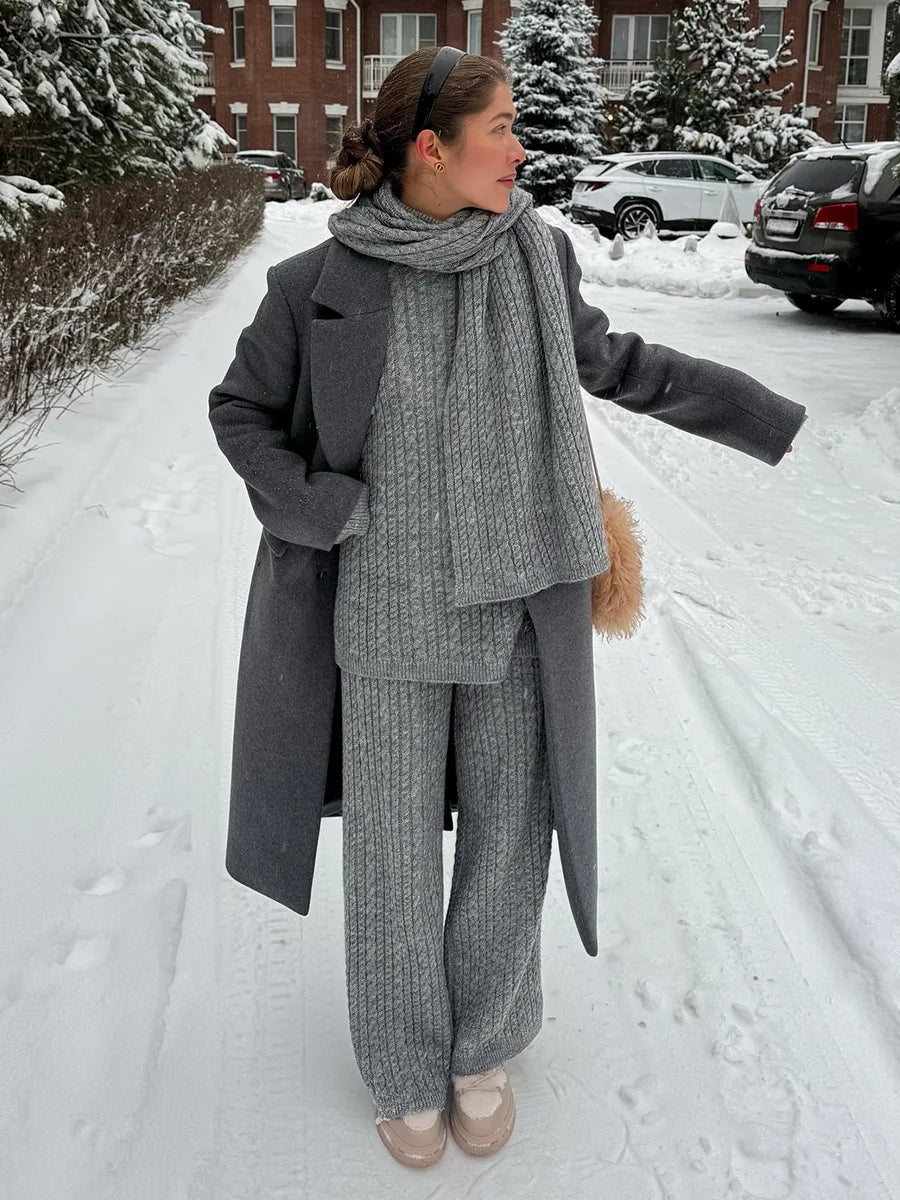 Blubelle Women's New Autumn Winter Fashion Cable Knit Sweater Wide Leg Pants Set Soft Wool Blend High Neck Pullover Loose Fit