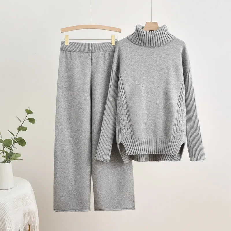 Women Turtleneck Knit Sweater Pullover Tops Conjuntos Casual Elastic Waist Sweatpants Outfit Fall Winter Knitted 2 Piece Sets