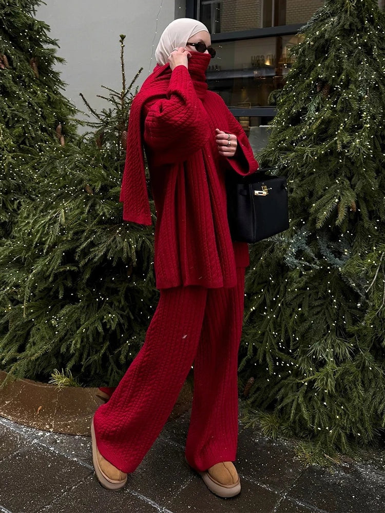 Blubelle Women's New Autumn Winter Fashion Cable Knit Sweater Wide Leg Pants Set Soft Wool Blend High Neck Pullover Loose Fit