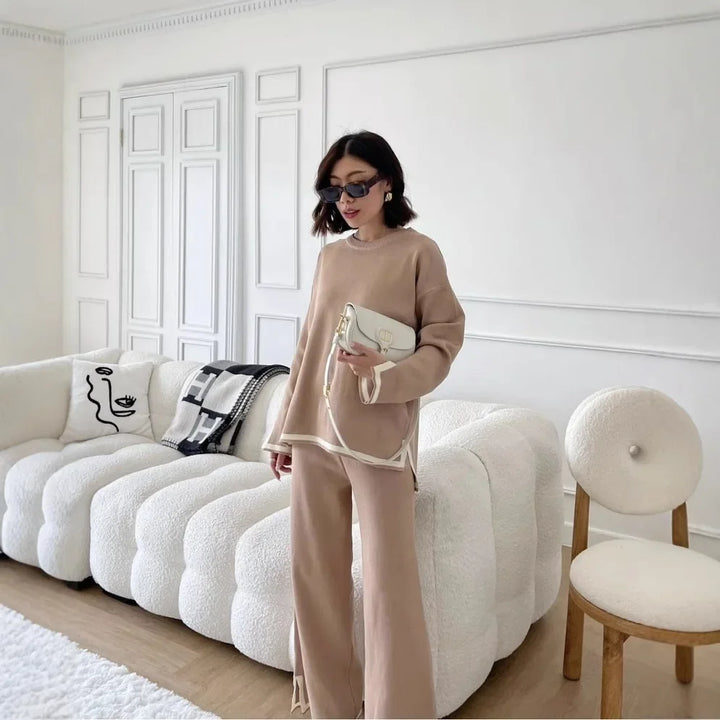 Autumn Collection Elegant Color Blocking Side Slit Long Sleeve Knitted Top High-Waisted Slimming Bell Bottom Trousers Two-P