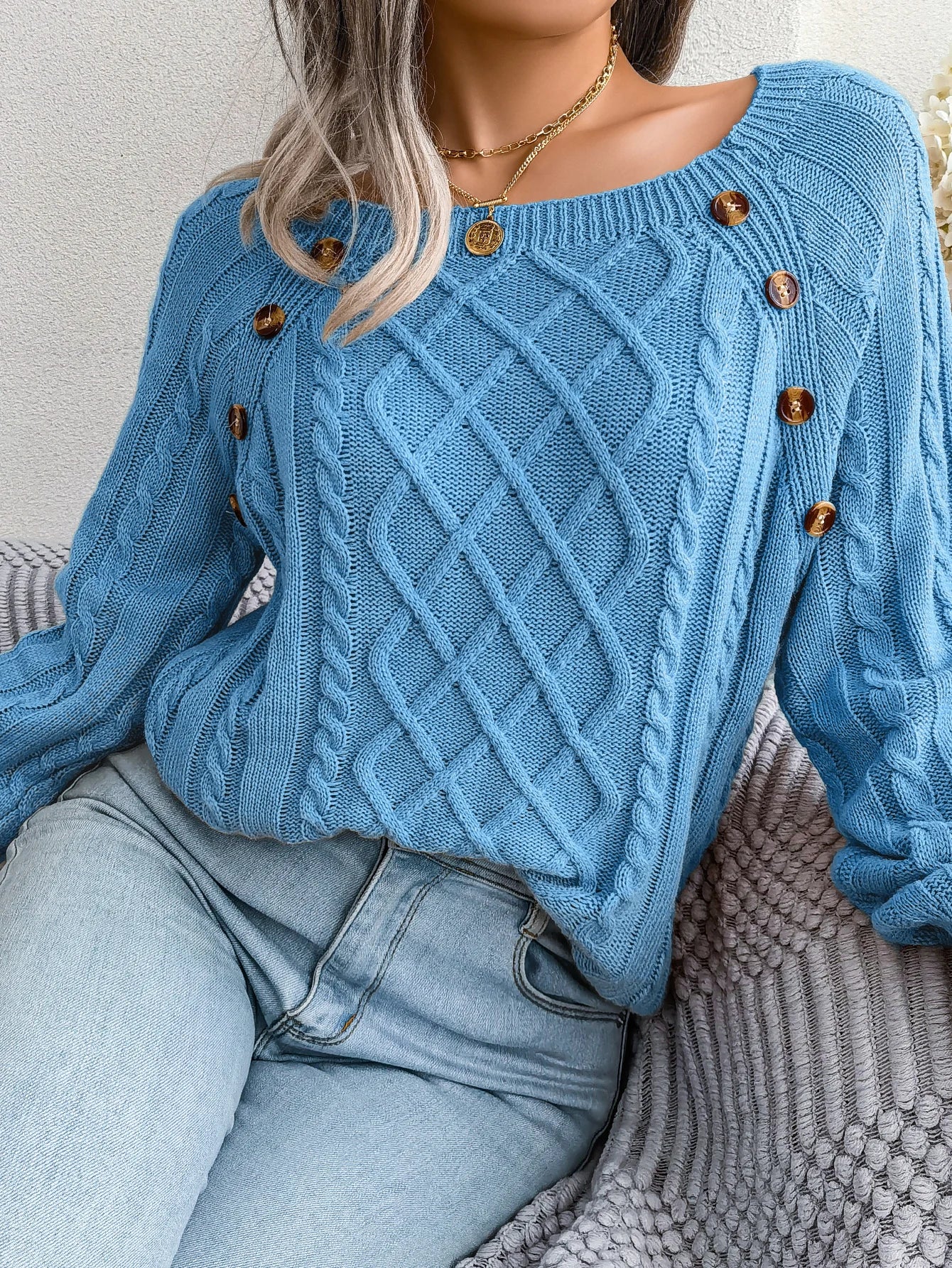 Women Casual Square Collar Buttons Long Sleeve Knitted Pullover Sweaters for Autumn Winter