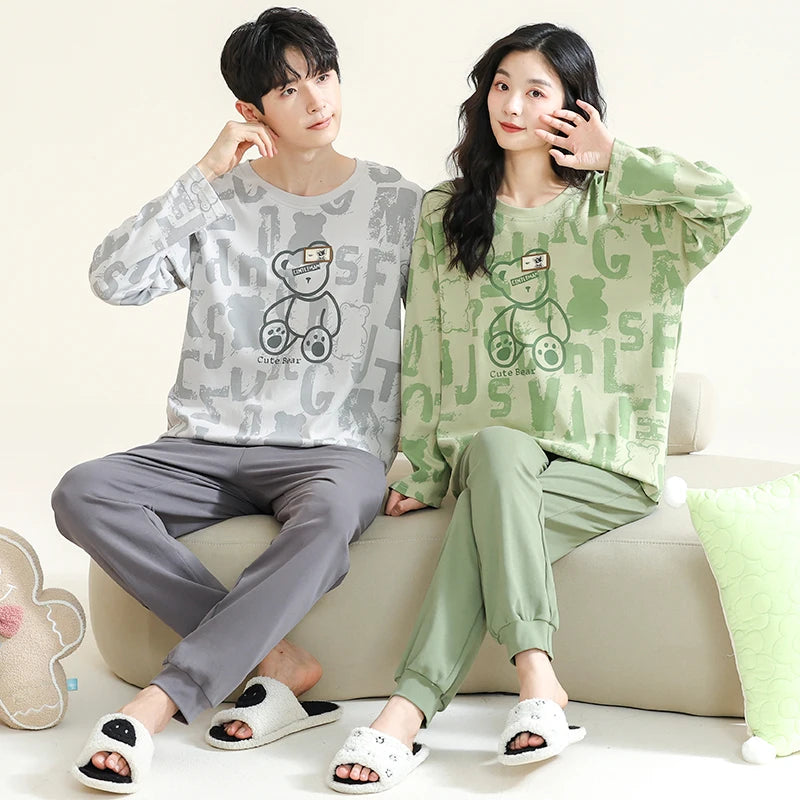Couple's Pijama Sets M-3XL Autumn Spring Pajamas Lovely Cartoon Sleepwear Cotton Pyjamas For Women Man Top Pant Leisure Outwear