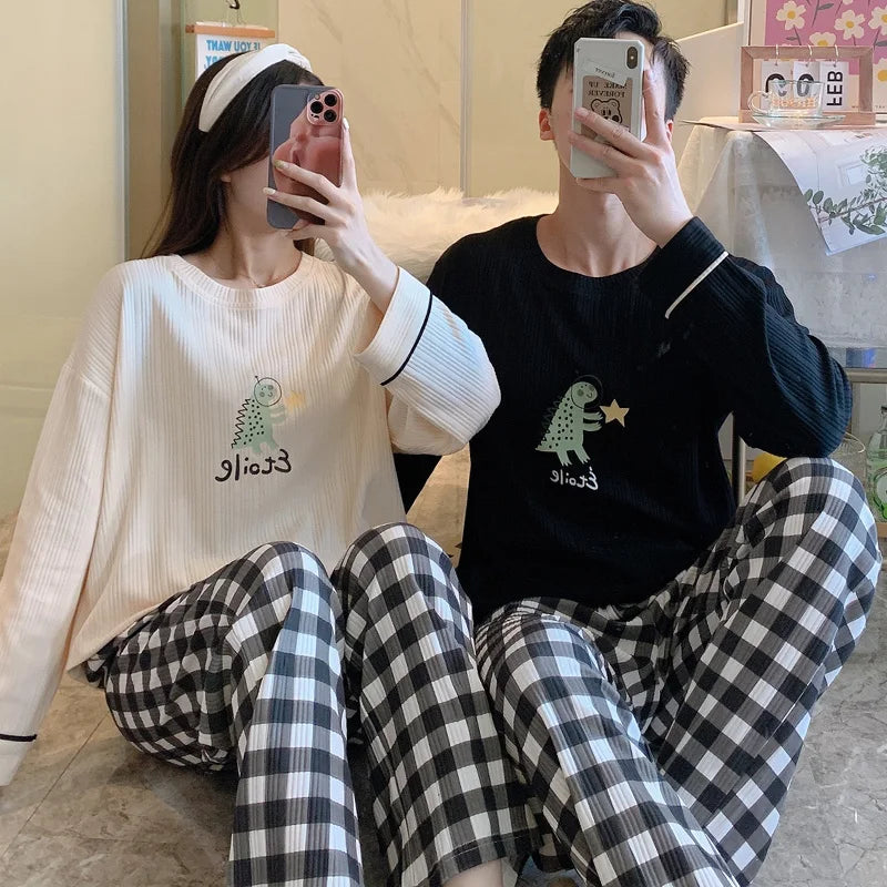 Couple's Pijama Sets M-3XL Autumn Spring Pajamas Lovely Cartoon Sleepwear Cotton Pyjamas For Women Man Top Pant Leisure Outwear
