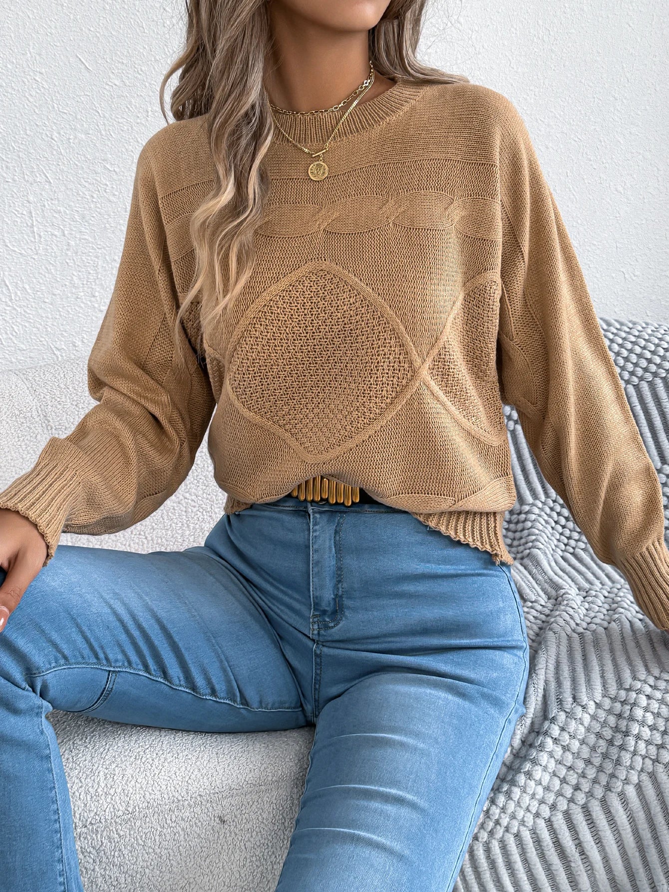 Women's Round Neck Twist Knitted Sweaters 2025 Fall Winter Casual Solid Color Lantern Long Sleeve Pullover Orange Woman Sweater