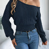 Autumn and Winter Casual Elegant Slash Neck Off shoulder Long Sleeved Knitted Pullover Sweater for Women