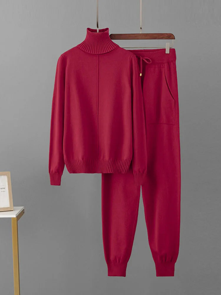 Candy Color Knitted 2 Piece Sets Women Turtleneck Knitwears Sweater Pullover Tops Conjuntos High Waist Casual Harem Pants Outfit