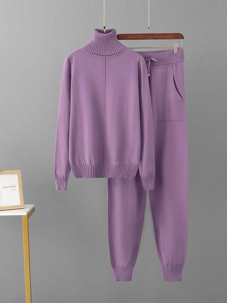 Candy Color Knitted 2 Piece Sets Women Turtleneck Knitwears Sweater Pullover Tops Conjuntos High Waist Casual Harem Pants Outfit