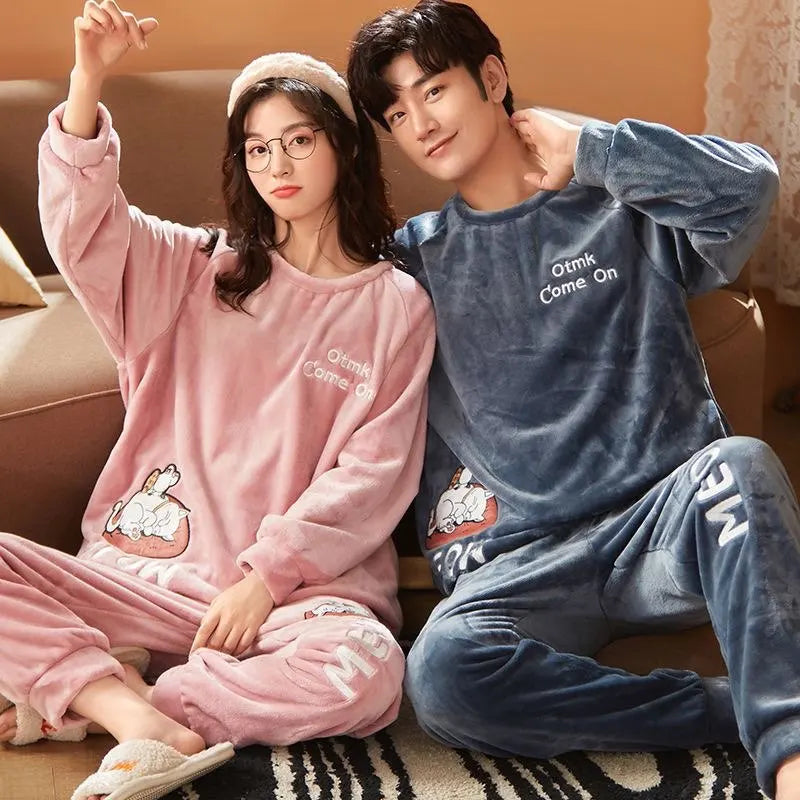 Couples Pajamas Women Men Winter Thicken Pyjamas Sleepwear Cartoon Dinosaur Korean Lovers Homewear Soft Warm Hoodies Pijama