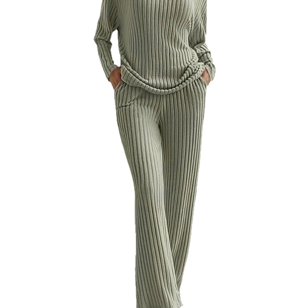 Autumn Winter New Home Set Elegant V-Neck Ribbed Two-Piece Fashion Casual Straight Leg Pants Loose Comfort Outfit