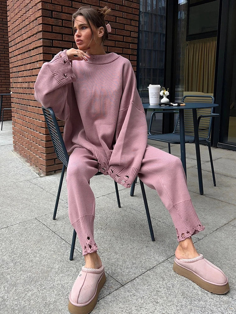 DEAT Fashion Knitted 2 Piece Set Women's Round Neck Loose Ripped Sweater High Waist Loose Pants Suit Autumn New