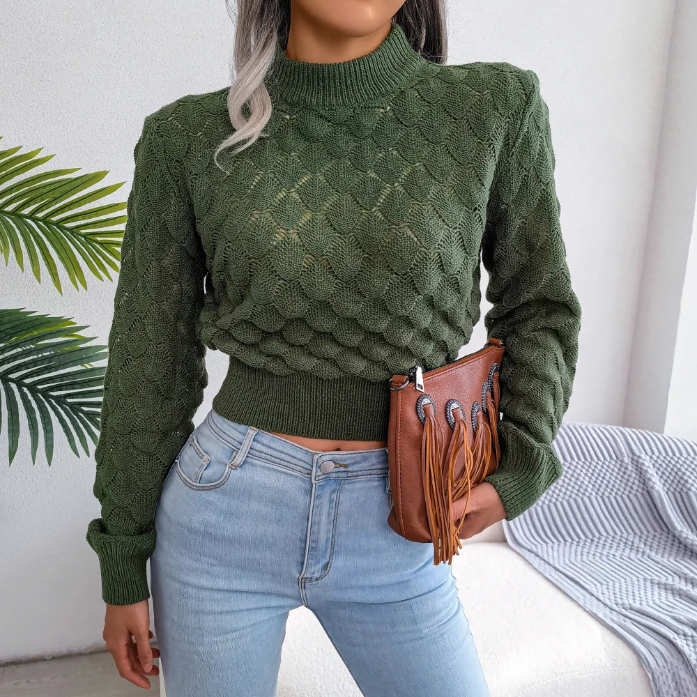 2025 Autumn Winter Women Casual Hollow Out Long Sleeve Knitted Pullovers and Sweaters Crop Top