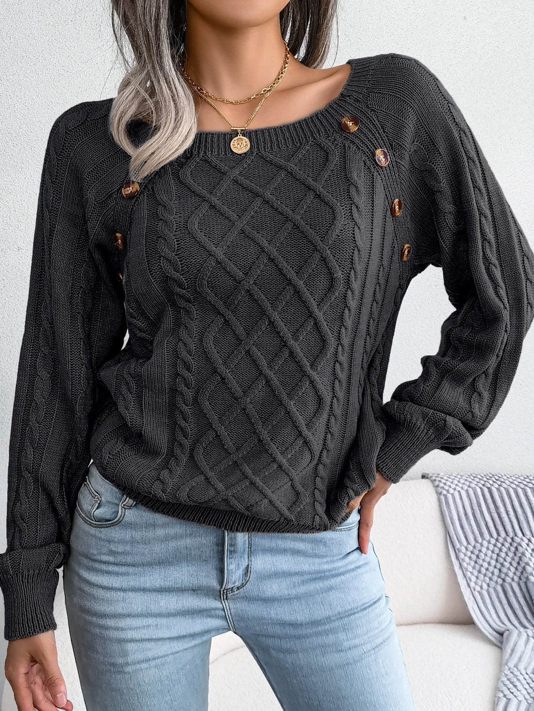 Women Casual Square Collar Buttons Long Sleeve Knitted Pullover Sweaters for Autumn Winter