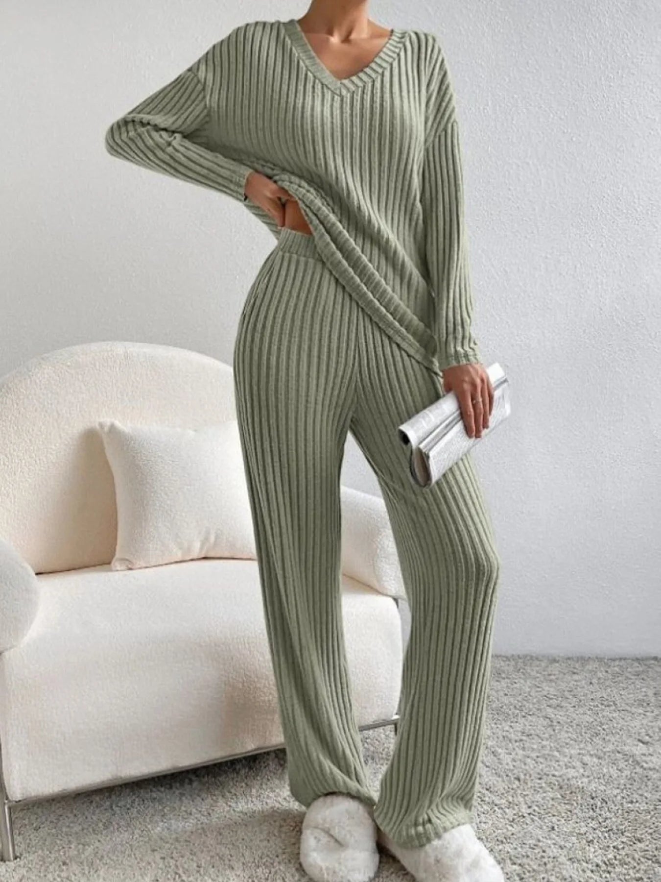 Autumn Winter Ribbed Knit Two Piece Set Womens V Neck Long Sleeve Top Wide Leg Pants Loungewear Casual Solid Color Outfit