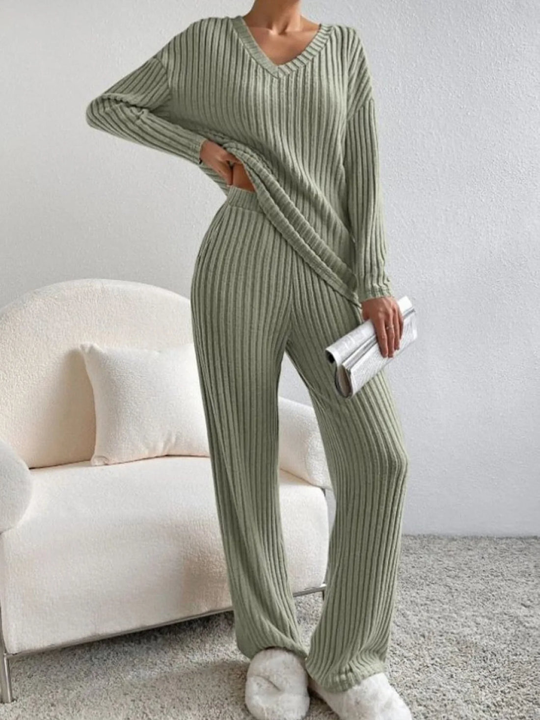 Autumn Winter Ribbed Knit Two Piece Set Womens V Neck Long Sleeve Top Wide Leg Pants Loungewear Casual Solid Color Outfit